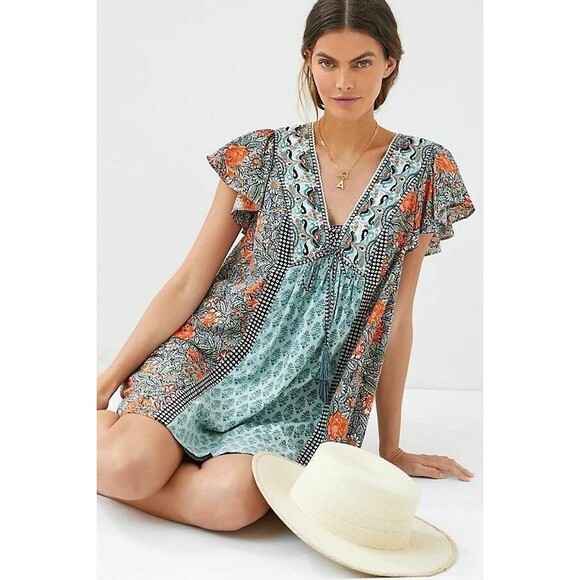 Anthropologie Astrid Dress V Neck Tunic Mini Floral Boho Beach - Size Small - Picture 1 of 15